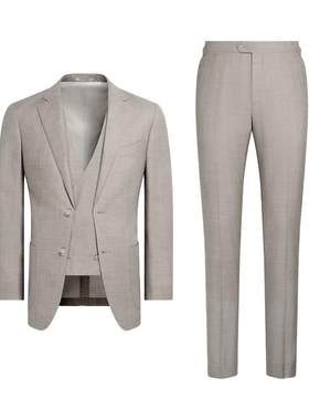 SUITSUPPLY浅棕色羊毛桑蚕丝亚麻混纺男士西装套装