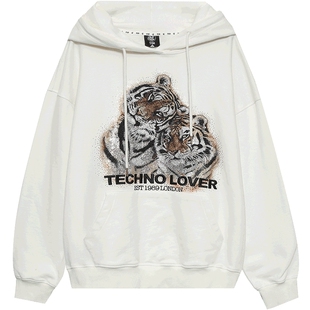 TCH潮牌双虎烫钻连帽卫衣白色夏季新款设计感潮流T69B128001