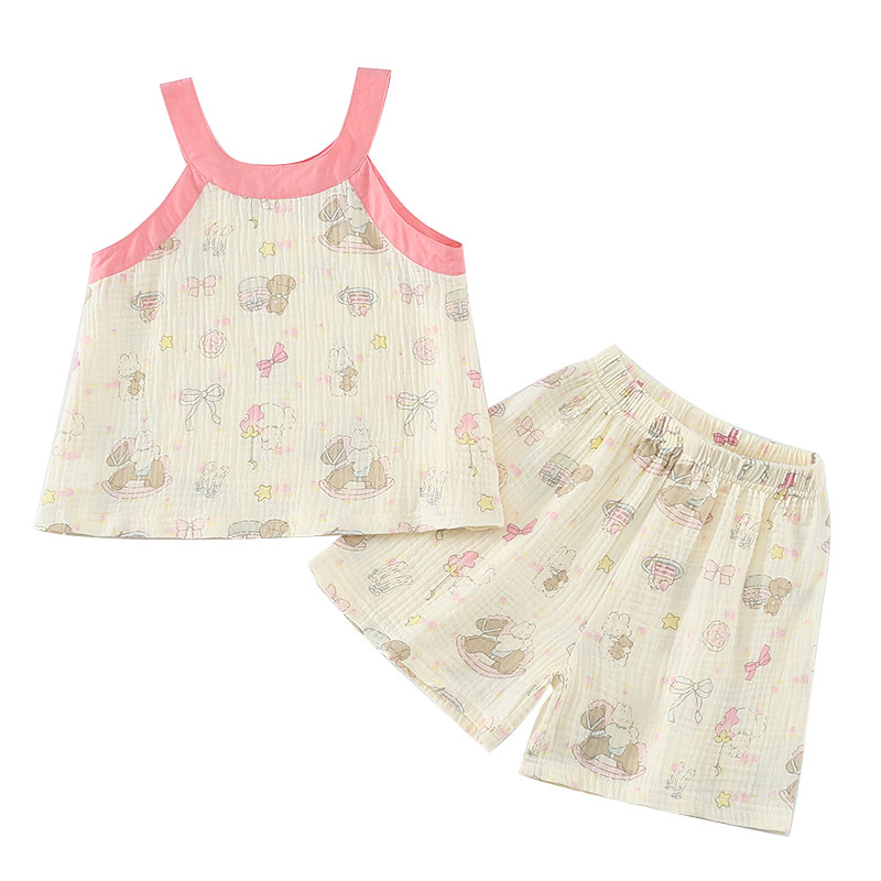 女童夏季纱布双层棉家居服套装