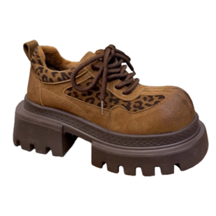 小众设计磨砂豹纹小皮鞋女秋冬款圆头德比鞋小个子增高加绒乐福鞋