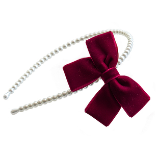 儿童红色丝绒蝴蝶结发饰珍珠发箍小女孩公主可爱发卡头箍新年头饰