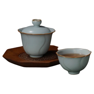 汝窑二才盖碗套装仿古泡茶碗景德镇陶瓷功夫茶具花满堂茶组礼盒装