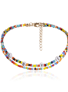 彩虹心情泫雅风手工串珠love雏菊小花朵米珠项链y2k少女锁骨链