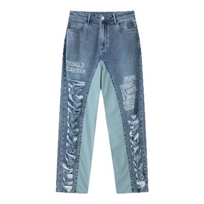 SprayGround鲨鱼嘴美式vibe破洞牛仔裤男高街宽松拼接直筒长裤