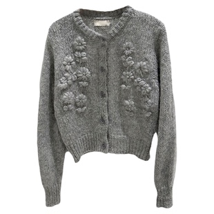 秒发!宋慧乔同款立体花朵针织开衫韩国气质圆领单排扣毛衣外套女