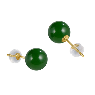 海蒂珠宝 春山茶 8-9mm菠菜绿碧玉耳钉 18K金耳饰◇
