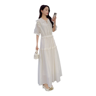 白色超仙连衣裙女神范超长款到脚踝木耳边茶歇裙法式淑女初恋长裙