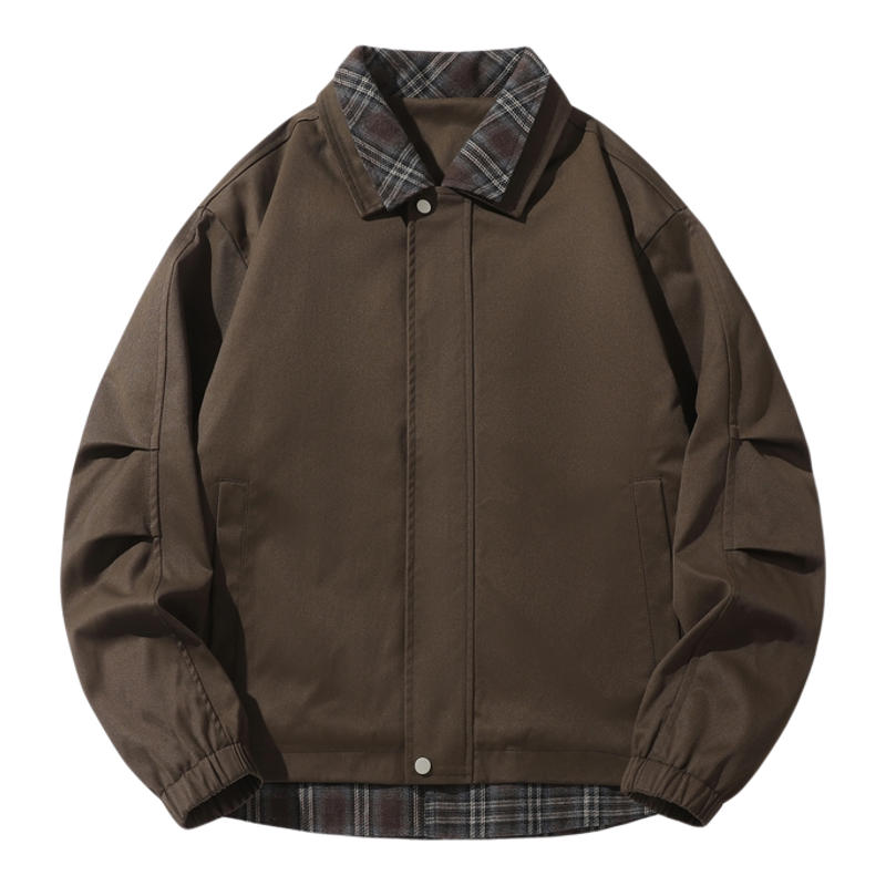 WASSUP美式棕色飞行夹克男秋冬潮牌格纹拼接翻领高街复古工装外套