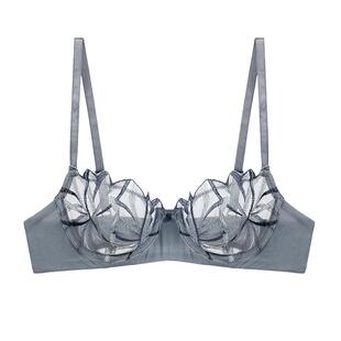 【木槿】青色高定刺绣法式性感大胸显小内衣女超薄款聚拢文胸