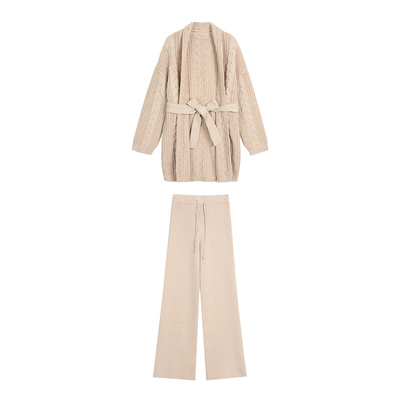 MULVAN【现货6.5折】 都市惬意 高级感粗针麻花开衫女阔腿裤套装