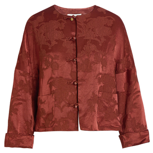 QS秸熙2025秋新款改良轻国风红色新中式提花外套宽松慵懒圆领上衣