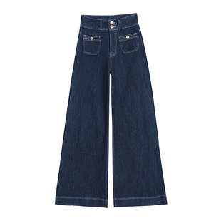 丹宁蓝阔腿牛仔裤女春秋季2025高腰宽松显瘦垂感直筒微喇叭裤子女