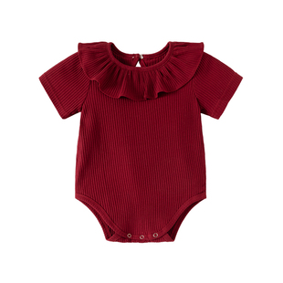 婴儿衣服春夏包屁衣酒红色洋气女宝短袖花边连体衣爬服百日宴送礼