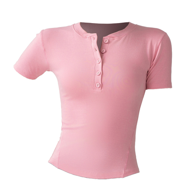 健身服女运动上衣修身显瘦螺纹瑜伽t恤短袖纽扣普拉提训练服夏季