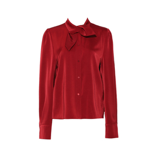DPLAY2025年秋季新款法式气质红色衬衫女宽松长袖缎面衬衣上衣