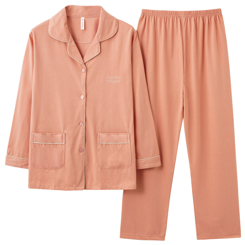 春秋天100%纯棉睡衣女高档长袖妈妈中老年人宽松家居服套装加大码