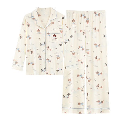 春秋季纯棉带胸垫长袖睡衣套装女