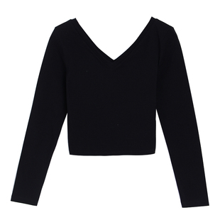 超短款锁骨露脐上衣女高腰漏背长袖V领打底衫黑色t恤紧身纯棉内搭