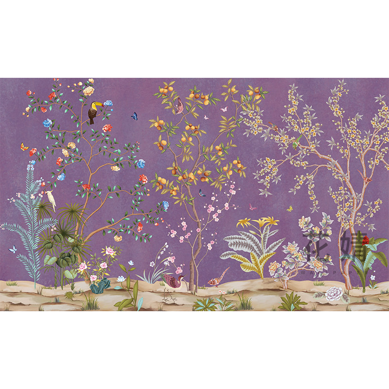 墙纸新款电视背景墙美式紫色花鸟墙布定制客餐厅卧室床头壁画壁纸