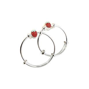 999足银光面推拉手镯女草莓亲子款镯子宝宝周岁婴儿童送女生礼物