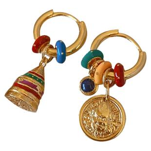 新中式珐琅彩绘不对称耳环女轻奢高级感耳扣小众独特2025新款耳饰