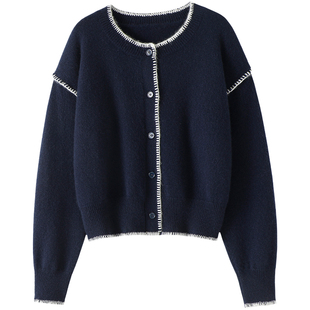 启超慵懒摩登!经典撞色香风变蝙蝠袖廓形100%纯山羊绒毛衣开衫厚