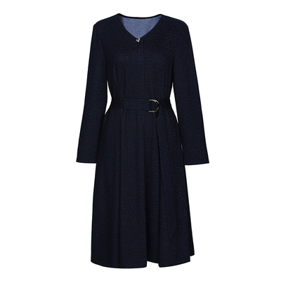 芭罗蒂秋装藏蓝色V领系腰修身裙