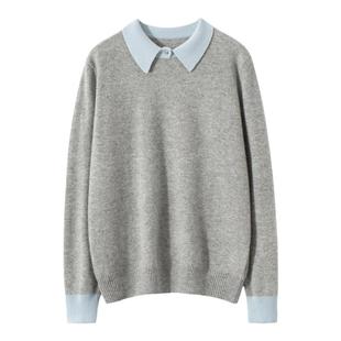 时尚减龄~ 100%山羊绒衫拼色polo领女宽松百搭秋冬撞色针织打底衫