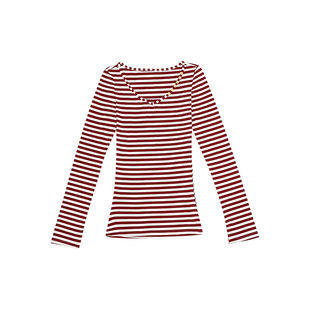 哟酷酷（北岛诗歌）春季修身显瘦上衣女经典条纹宽肩V领长袖T恤女