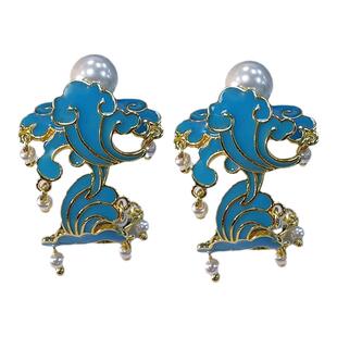 彩云追月仿点翠故宫典藏烧蓝景泰蓝耳环珐琅古装汉服珍珠流苏耳饰