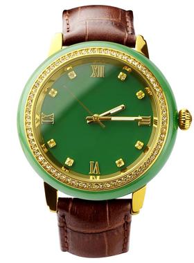 金色镶钻防水石英表天然和田玉