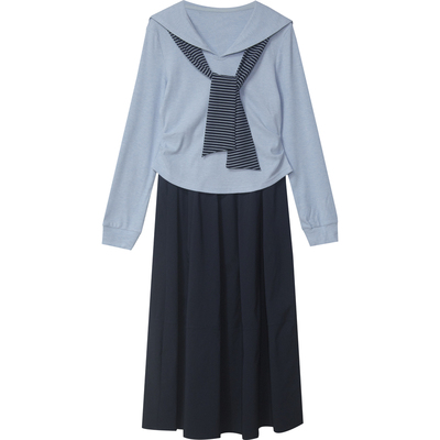 海军领长袖T恤半身裙套装学院风