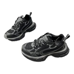 欧洲站女鞋2025春新款ins真皮网纱巴黎老爹鞋网红厚底运动休闲鞋