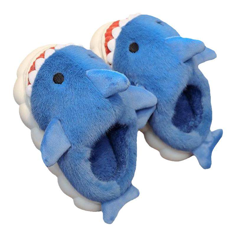 可爱鲨鱼棉拖鞋女款秋冬季室内家居厚底防滑保暖加绒情侣棉鞋男