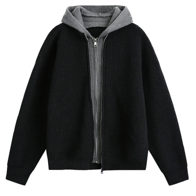 假两件开衫连帽软糯毛衣仿鹿毛绒