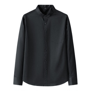 白色立领衬衫男长袖春季村杉弹力200斤上班有口袋无圆领衬衣工装