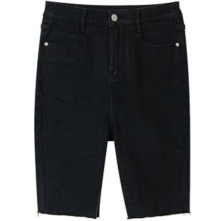 URLAZH有兰夏季新款简约时尚黑色修身牛仔五分裤高腰毛边短裤女