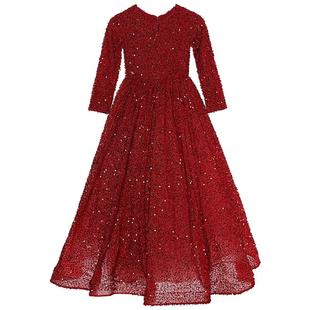 儿童晚礼服红色高端公主裙长袖生日女童小主持人钢琴演出服装秋冬