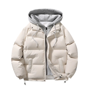 悟空有货冬季复古简约假两件连帽羽绒服男潮牌宽松加厚保暖面包服