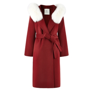 秋水伊人毛领系带连帽红色毛呢外套2025年冬季新款女气质街头大衣