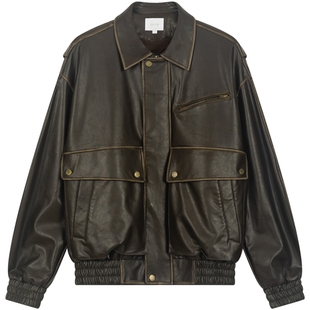 bosie伯喜2025年秋季新款复古做旧水洗pu皮衣外套男情侣夹克百搭