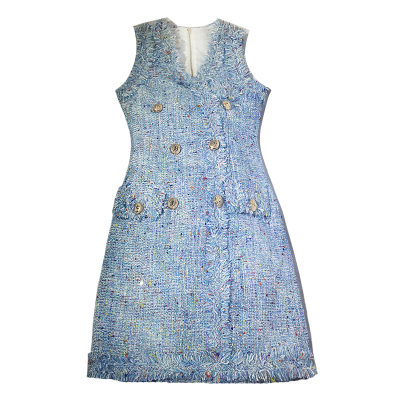 背心裙浅蓝色小香风流苏收腰显瘦