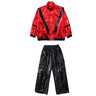 男童架子鼓演出服舞台嘻哈红色皮衣外套机车服秋冬儿童街舞套装潮