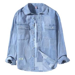 大码牛仔拼接衬衫男长袖纯棉春季上衣潮流宽松高个子男装衬衣外套