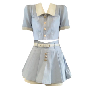 大码胖mm学院风蓝色小香风短款上衣半身裙裤套装女辣妹显瘦两件套