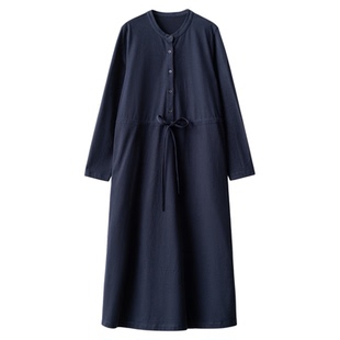 梭家|曳蓝|简约通勤圆领全棉长袖收腰连衣裙秋季女士藏蓝色长裙
