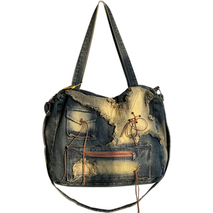 原创美式复古做旧古着慵懒水洗牛仔包百搭学生通勤单肩斜挎托特包