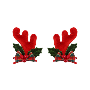 圣诞节发饰可爱红色毛绒小鹿角发夹女蝴蝶结毛球麋鹿对夹发卡头饰