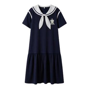 女大童海军领连衣裙加肥加大码夏初高中学生胖女孩洋气学院风裙子