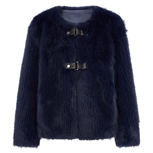 马天奴女装秋冬新款宝石蓝圆领金貂绒外套短款大衣扣袢保暖轻奢